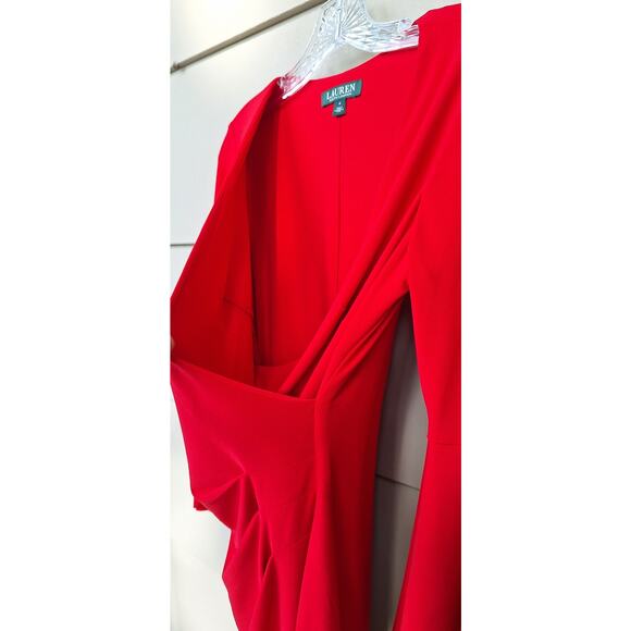 Lauren Ralph Lauren Bell Sleeve Faux Wrap Red Dress Surplice V Neckline Size 4 - Picture 6 of 12